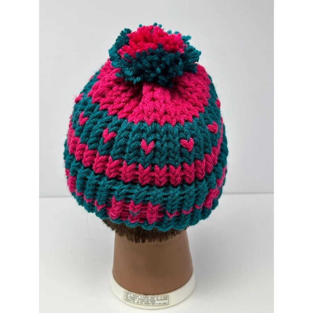 Women's Hand Knit Crochet Pink Teal Beanie Geometric Pattern Pom Pom Top R3